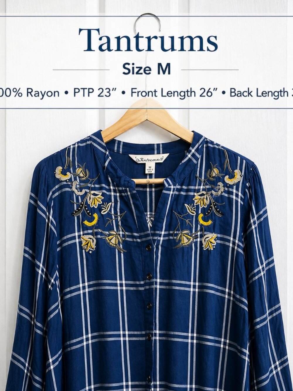 Tantrums Blue Plaid Embroidered Boho Blouse Medium NWT 100% Rayon